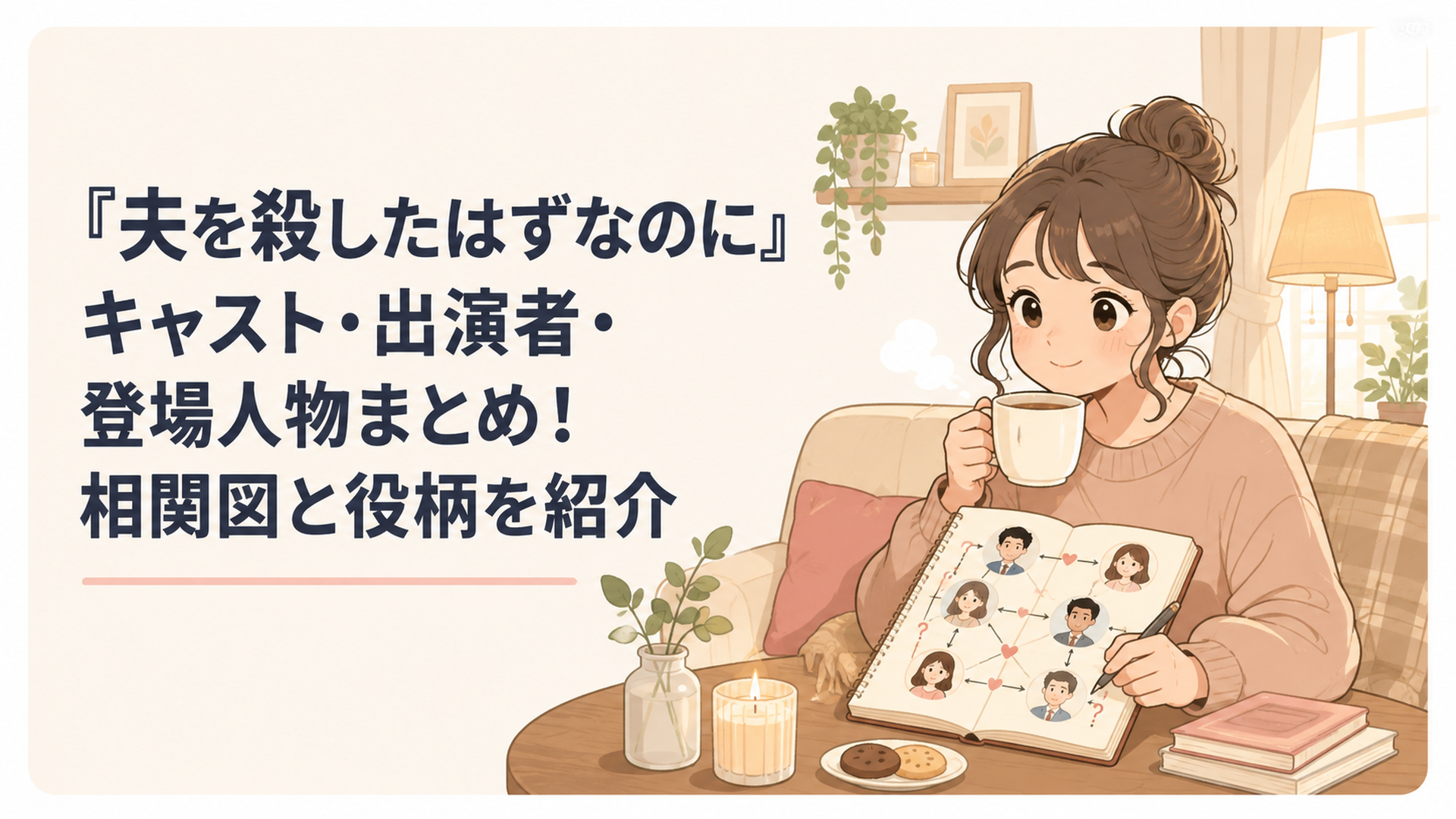『夫を殺したはずなのに』の主要キャストと夫婦や愛人や同僚など複雑な人間関係をノートに整理する視聴者