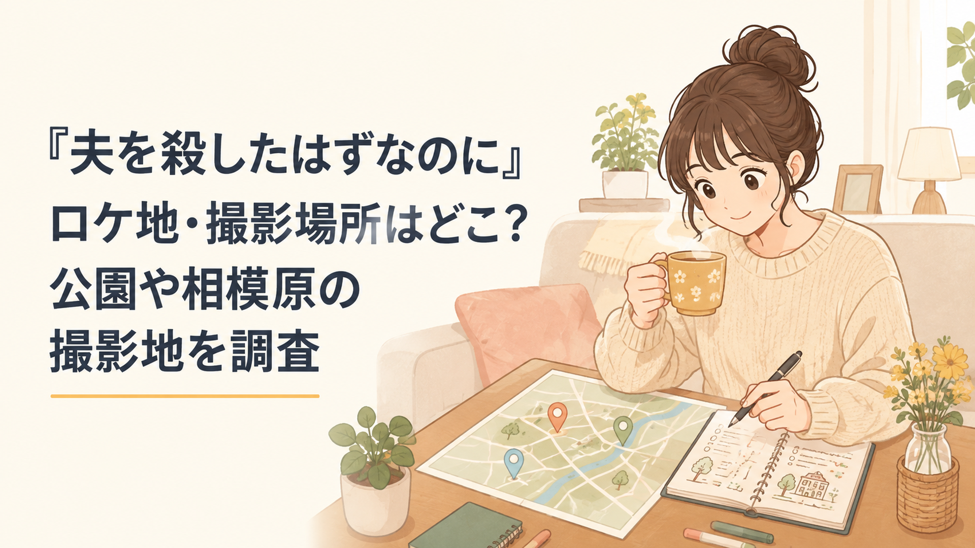 相模原の一軒家や公園やホテルなどドラマのロケ地を地図とノートに整理するドラマ好きの女性