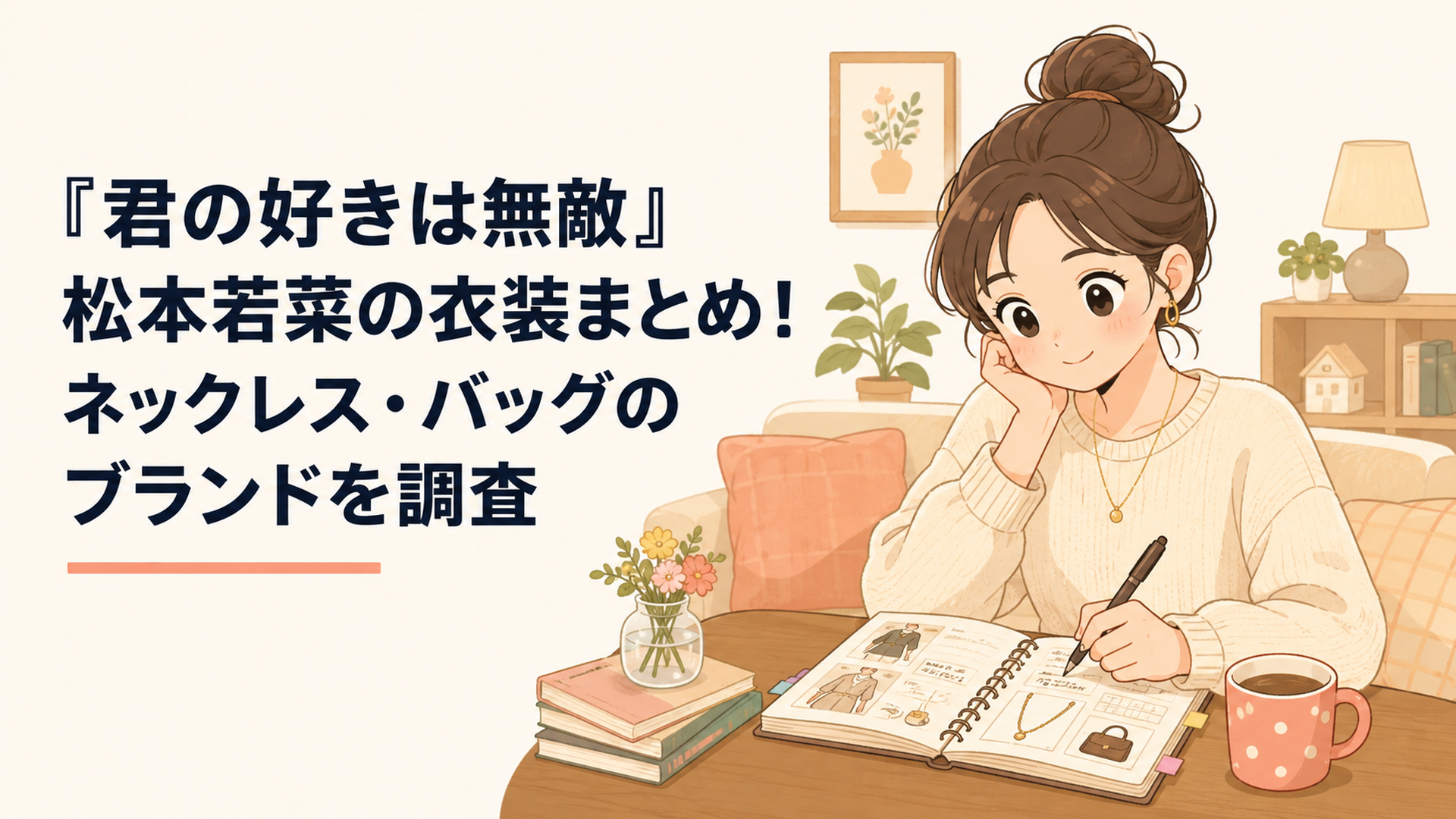 『君の好きは無敵』松本若菜の衣装やネックレス、バッグをノートに全話整理する女性