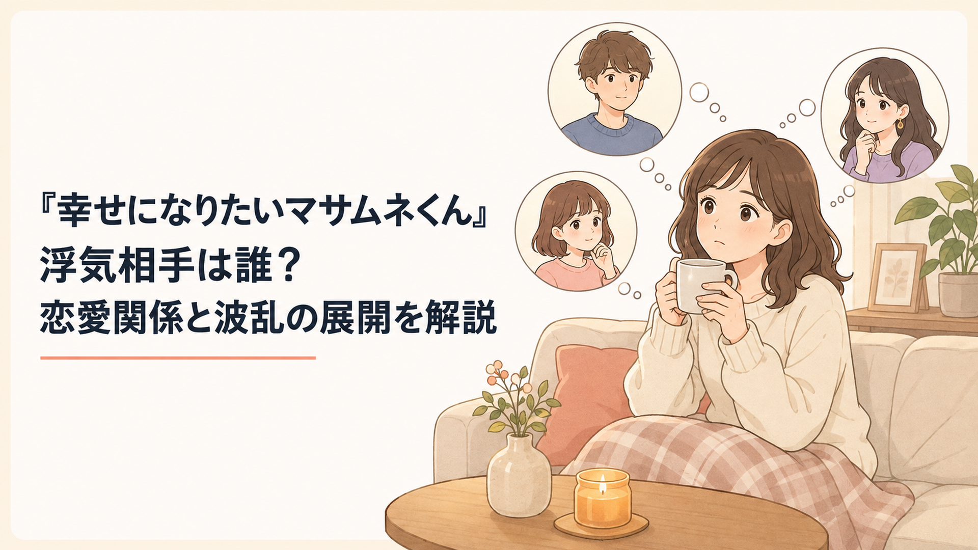 マサムネと10年交際するモモカと浮気相手の〇〇子という複雑な三角関係を静かに考える女性