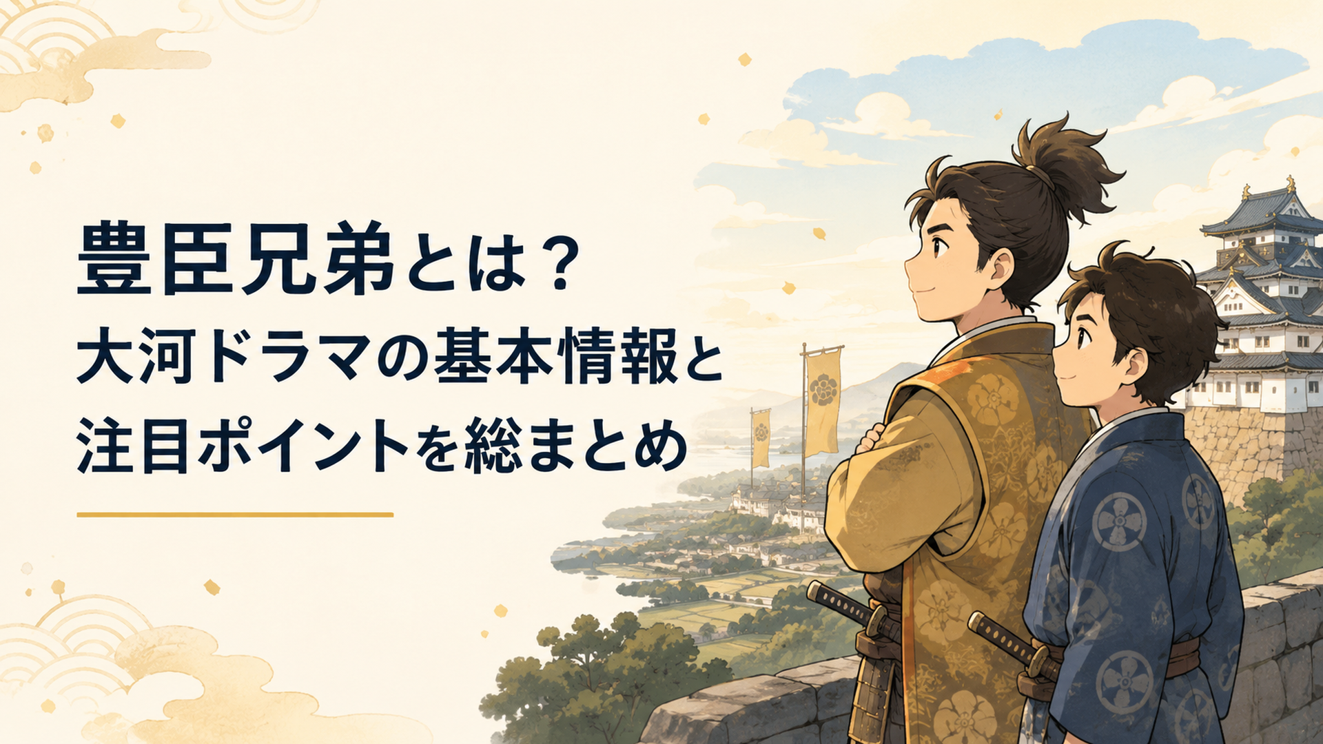 戦国時代の城を背景に天下統一への道を並んで見つめる豊臣兄弟をイメージした場面